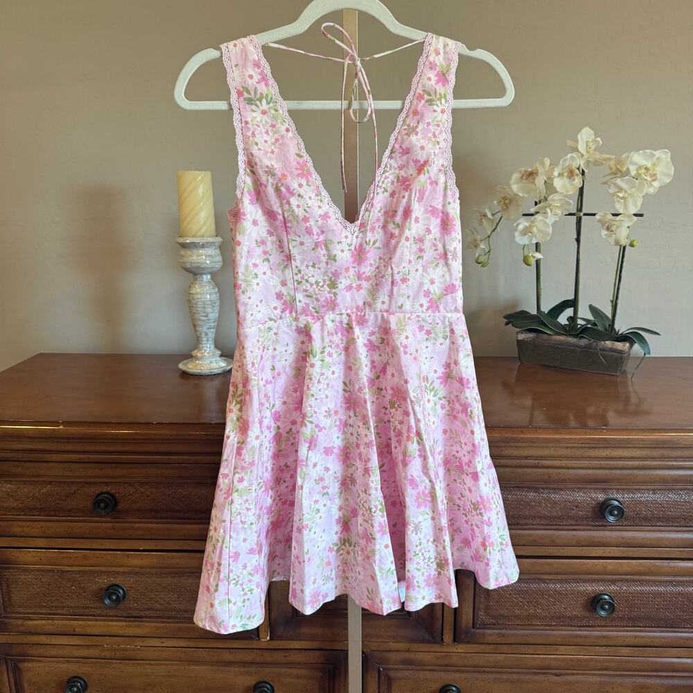 NWT Altar’d State Pink Floral Lace Trim Tie Back Mini Dress Small - Picture 8 of 9